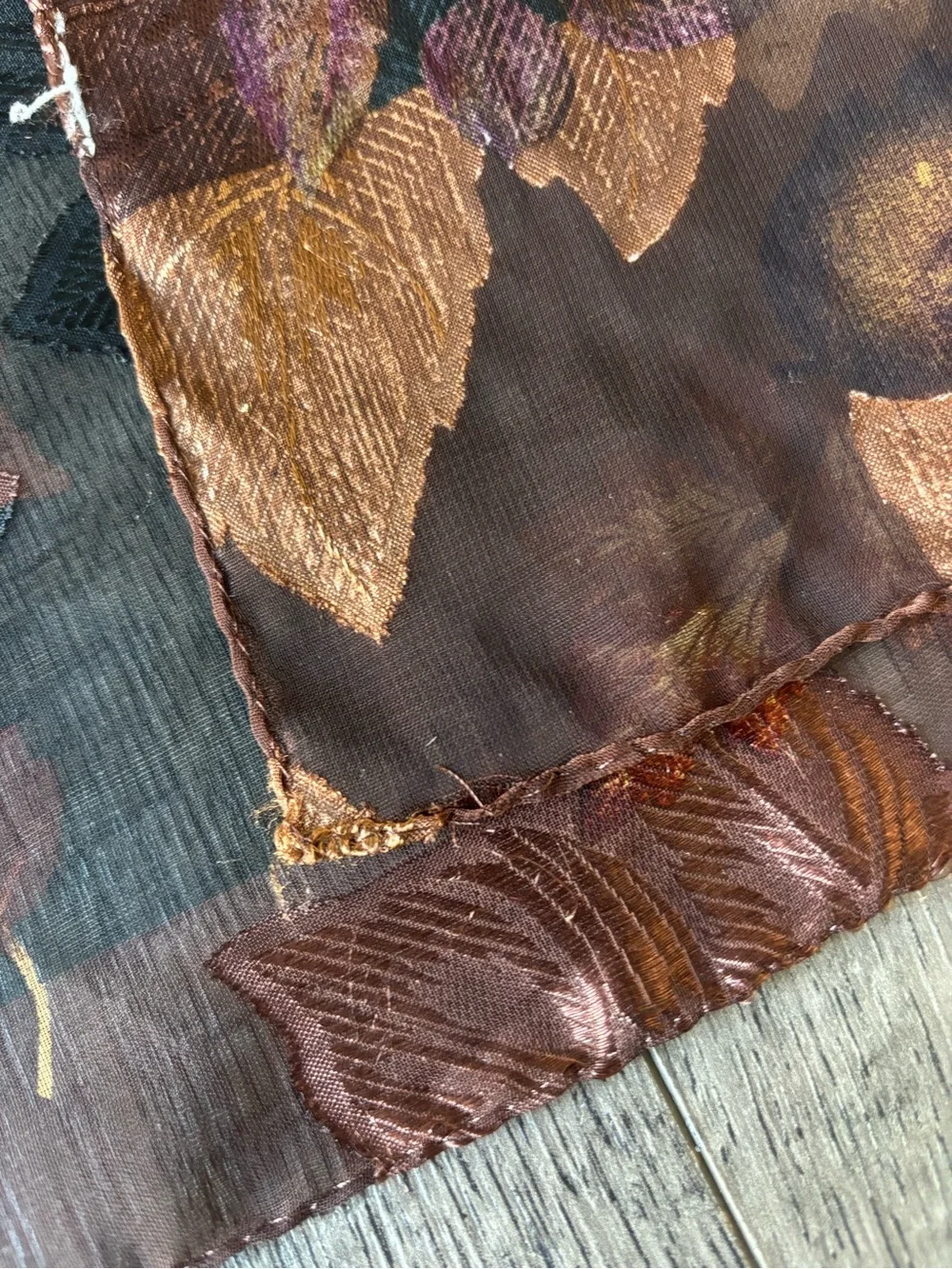 Liz Claiborne Black Sheer Floral Scarf with Bronze and Purple Accents